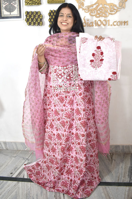 Beautiful Hand Block Printed Cotton unstitched suit  with Kutch mirror work & kota dupatta
