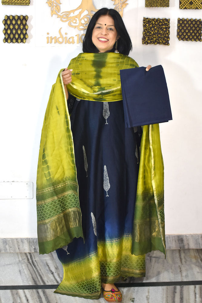 Beautiful Hand Block Printed Maheshwari Silk Cotton Unstitched suit fabric