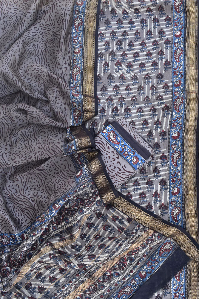Premium Maheshwari Silk Cotton suits with Jahota Block Print & Woven Zari Borders - 3 pc set
