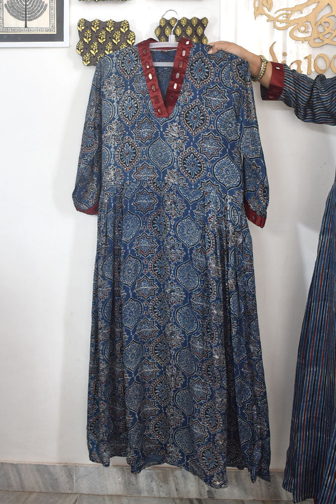 Beautiful Hand Block Printed Ajrakh Modal Silk Kurta With Mirror Work, Size 38 to 48