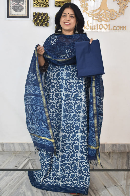 Elegant Hand Block print cotton suit with Schiffli work & Chanderi dupatta