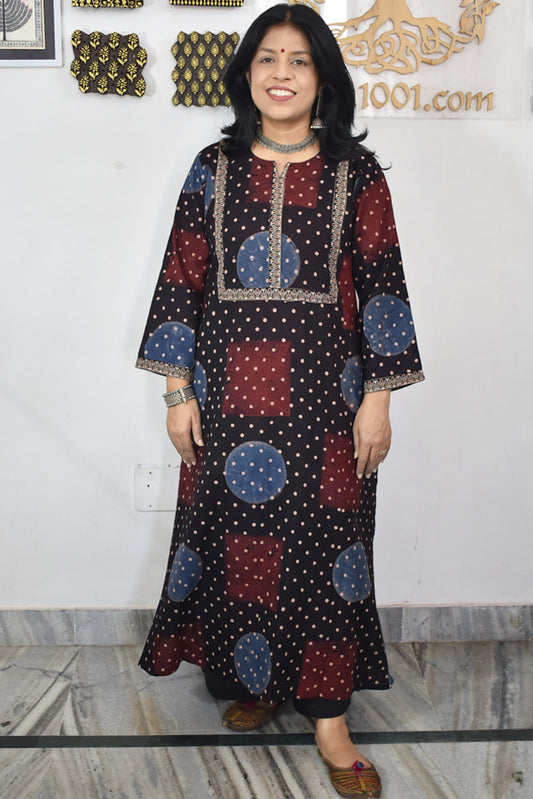 Designer Hand Block Printed Ajrakh cotton Kurta / Dress - Size 38 to 46 ( all sizes)