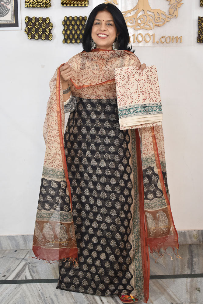 Beautiful Kota Doria cotton suit with Hand Block print