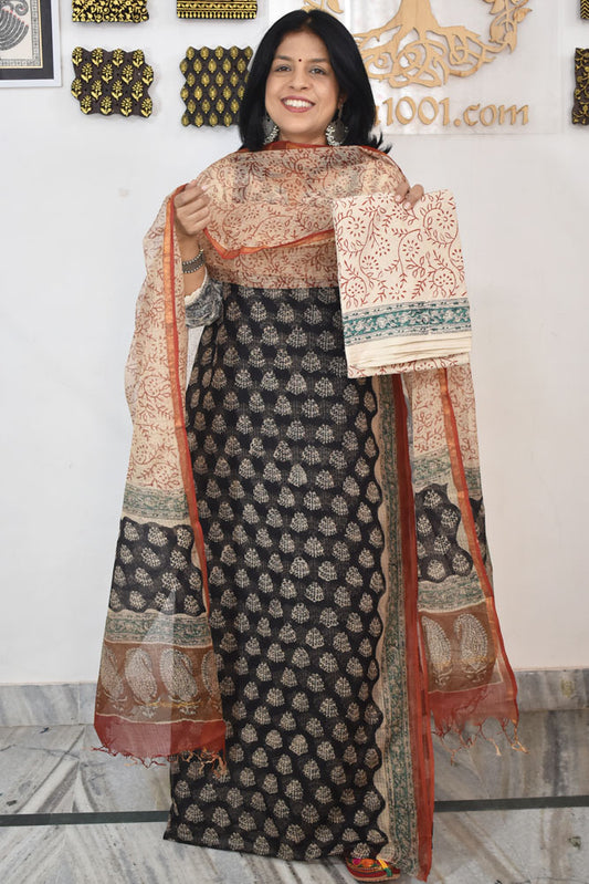Beautiful Kota Doria cotton suit with Hand Block print