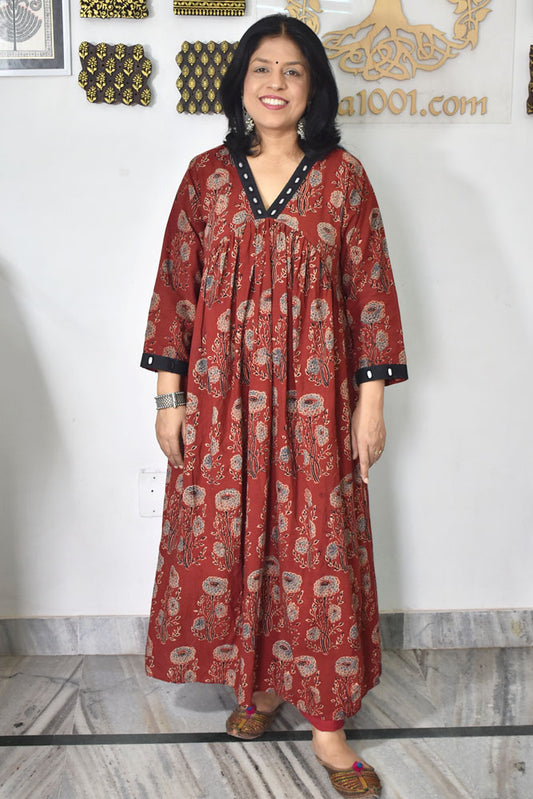 Designer Hand Block Printed Ajrakh cotton Kurta with Alia Cut and Kutch Mirror work - Size 40 to 44 ( all sizes)