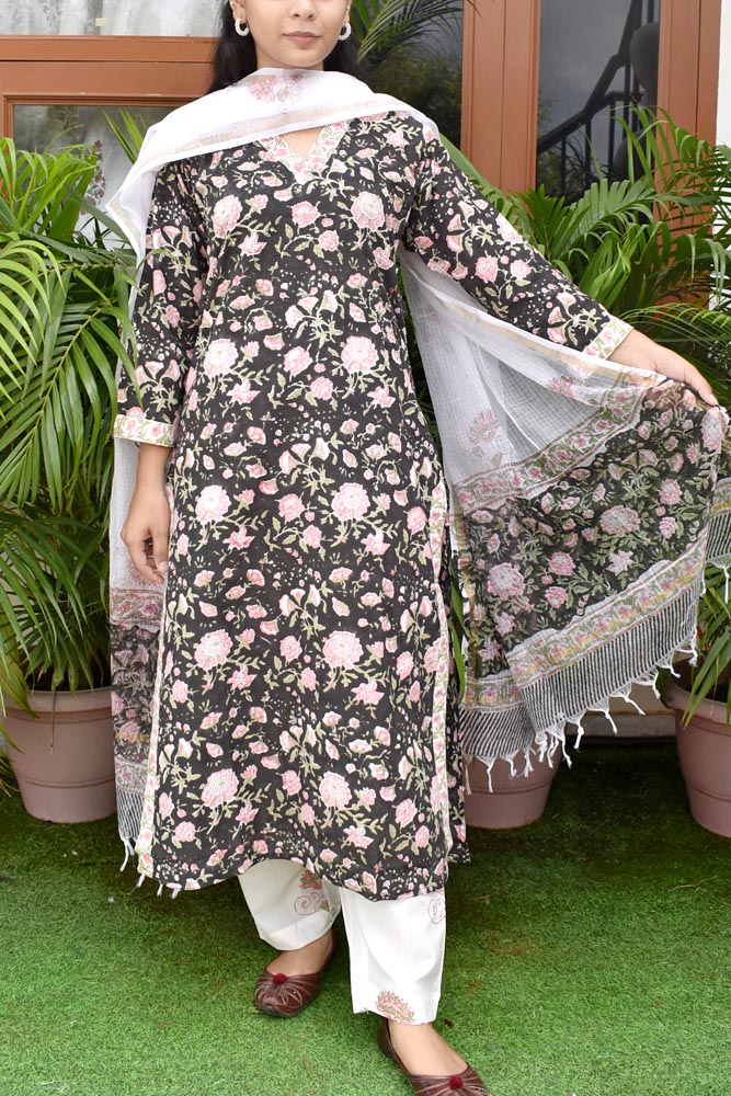 Hand Block Printed Cotton suit with Hand Embroidery - Kurta , Kota Dupatta & Pant - size 36, 38, 40, 42, 44
