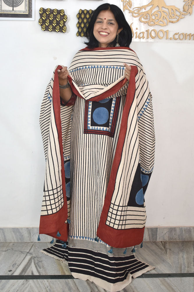 Designer Ajrakh Cotton Unstitched suit with  panel design, Ajrakh Dupatta - 2 piece set
