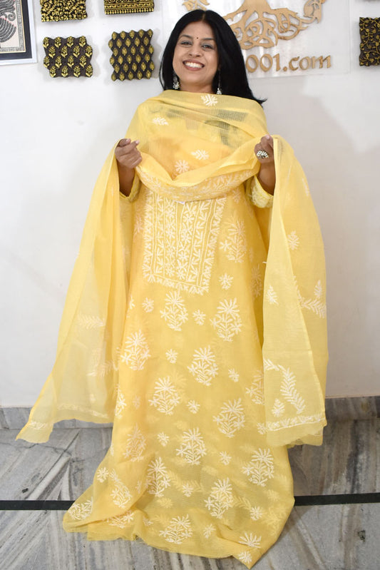 Elegant Kota Doria Kurta & Dupatta Set with Lucknowi Hand Tepchi Work embroidery NO - 14