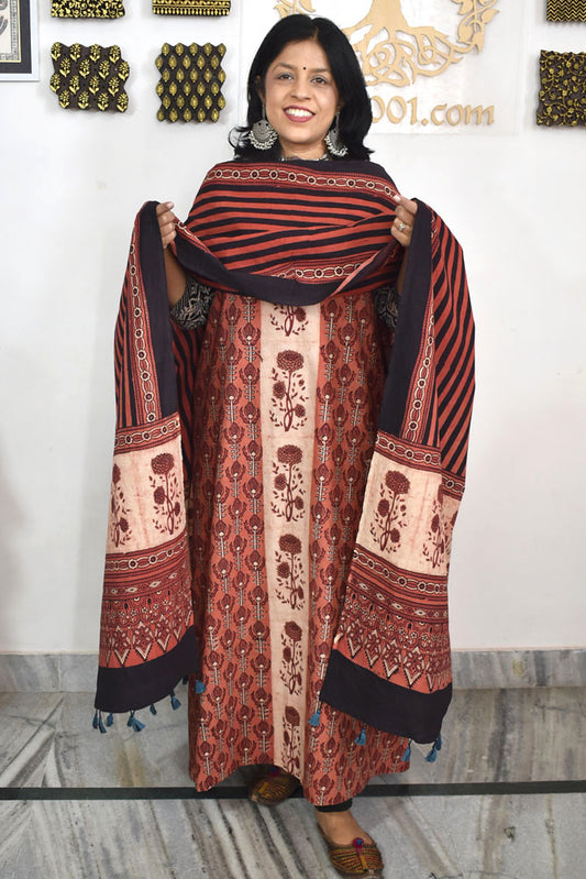 Block Print Ajrakh Cotton Suit with designer Ajrakh neck yoke /panel & Dupatta