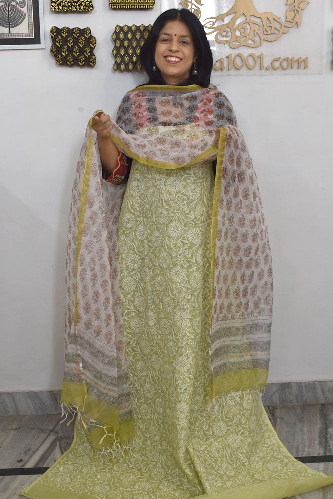 Elegant Lucknowi Hand Embroidered Tepchi work  & Block print Unstitched Suit