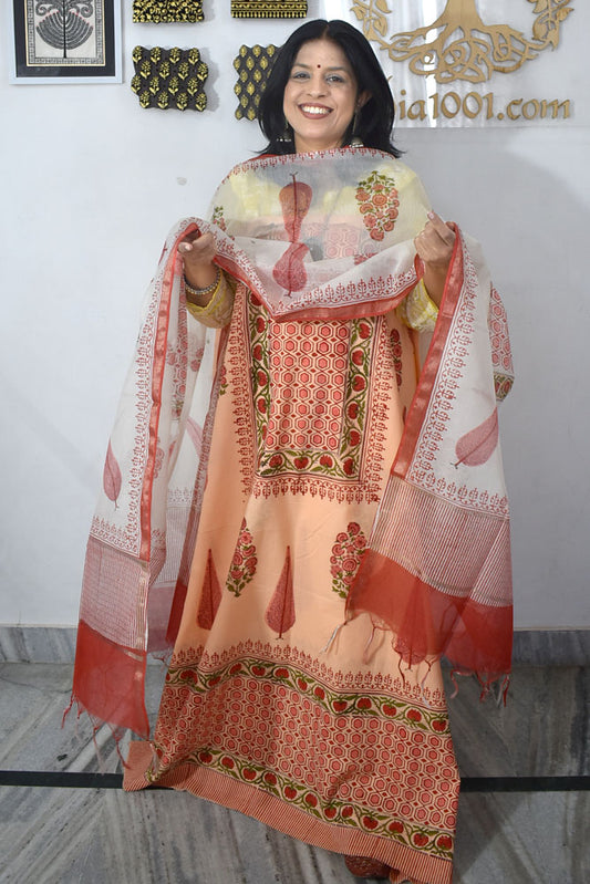 Designer Hand Block Print Cotton suit with Chanderi dupatta