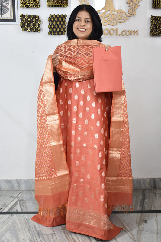 Beautiful Banarasi Chanderi silk unstitched suit fabric with Woven Booties