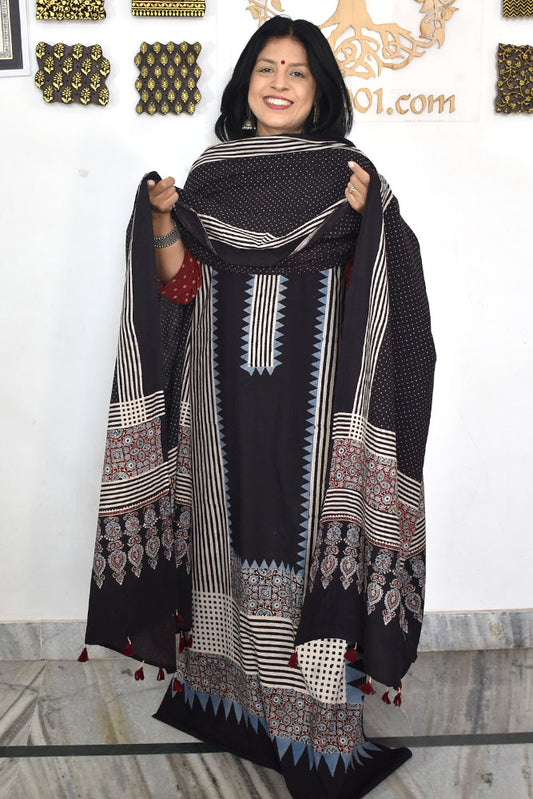 Designer Ajrakh Cotton Unstitched suit with  panel design, Ajrakh Dupatta & Bottom- 3 piece set