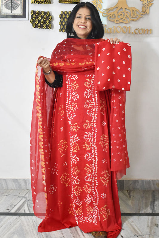 Tie & Dye Kutch Bandhani modal silk Unstitched Suit with Chiffon Dupatta & Modal Silk Bottom