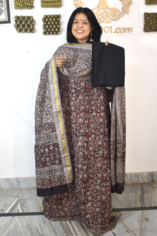 Beautiful Hand Block Printed Cotton unstitched suit fabric with Woven Borders Cotton dupatta
