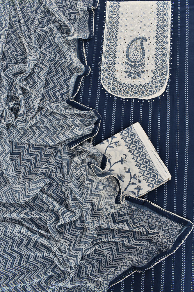 Designer Cotton suit with Embroidery & Chiffon Dupatta