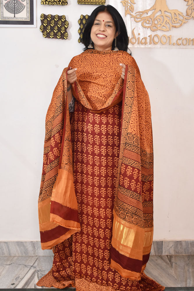 Bagh Hand Block Printed unstitched 3 pc Modal silk suit fabric with Lagdi patta from MP
