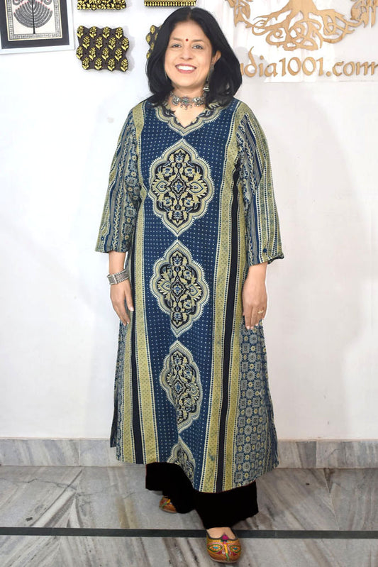 Designer Hand Block Printed Ajrakh cotton Kurta With Mirror Work - Size 38 to 46 ( all sizes)