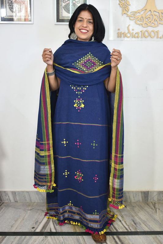 Premium Handwoven Kala Cotton Bhujodi suits with Mirror and Miri work - 3 pc set