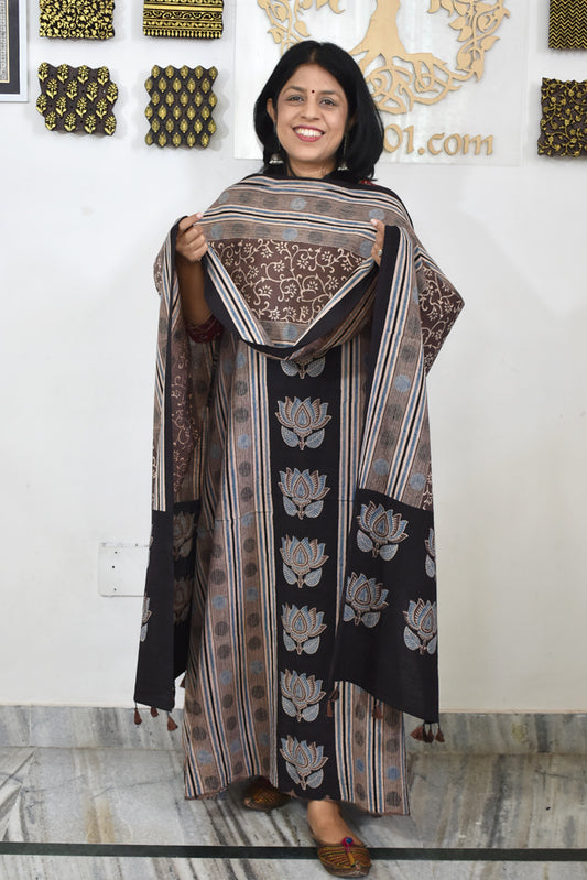 Block Print Ajrakh Cotton Suit with designer Ajrakh neck yoke /panel & Long Stole