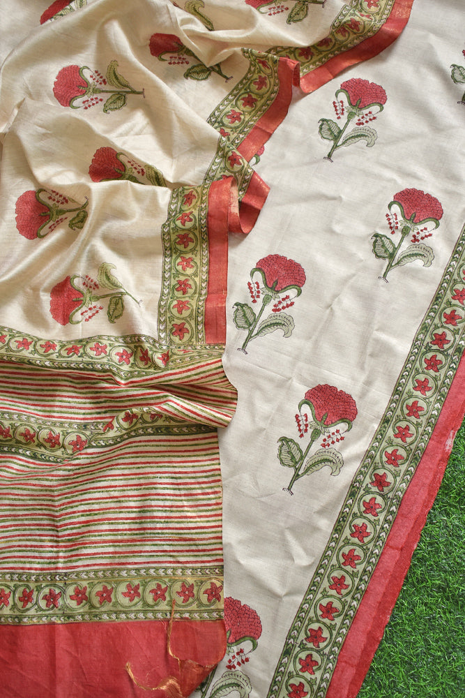 Elegant Hand Block printed Bhagalpuri Silk Kurta Dupatta Set