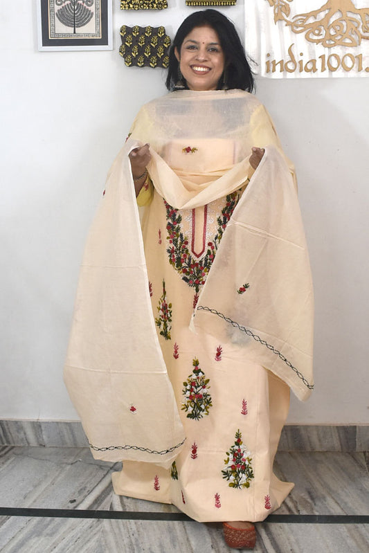 Elegant French Knot Work Cotton unstitched suit fabric with embroidery