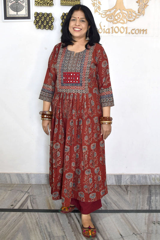 Designer Hand Block Printed Ajrakh cotton Kurta With Mirror Work - Size 38 to 46 ( all sizes)