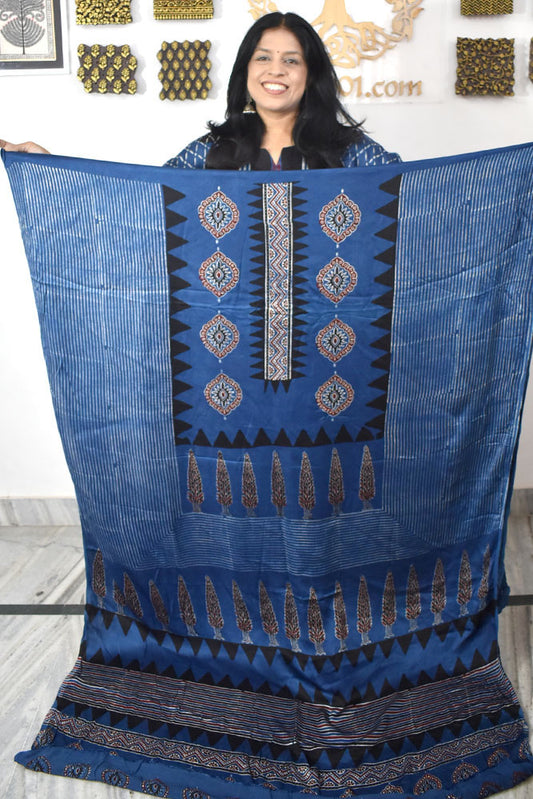 Designer Modal Silk Ajrakh Hand Block Print  Kurta Fabric - 3 mtrs cut