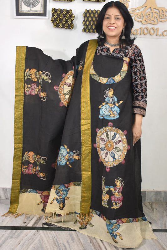 Beautiful Bangalore Cotton Silk Hand Painted Kalamkari Kurta & Dupatta Set