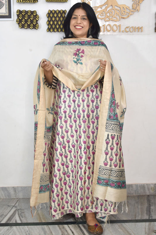 Elegant Hand Block printed Moonga Tussar Silk Kurta Dupatta Set
