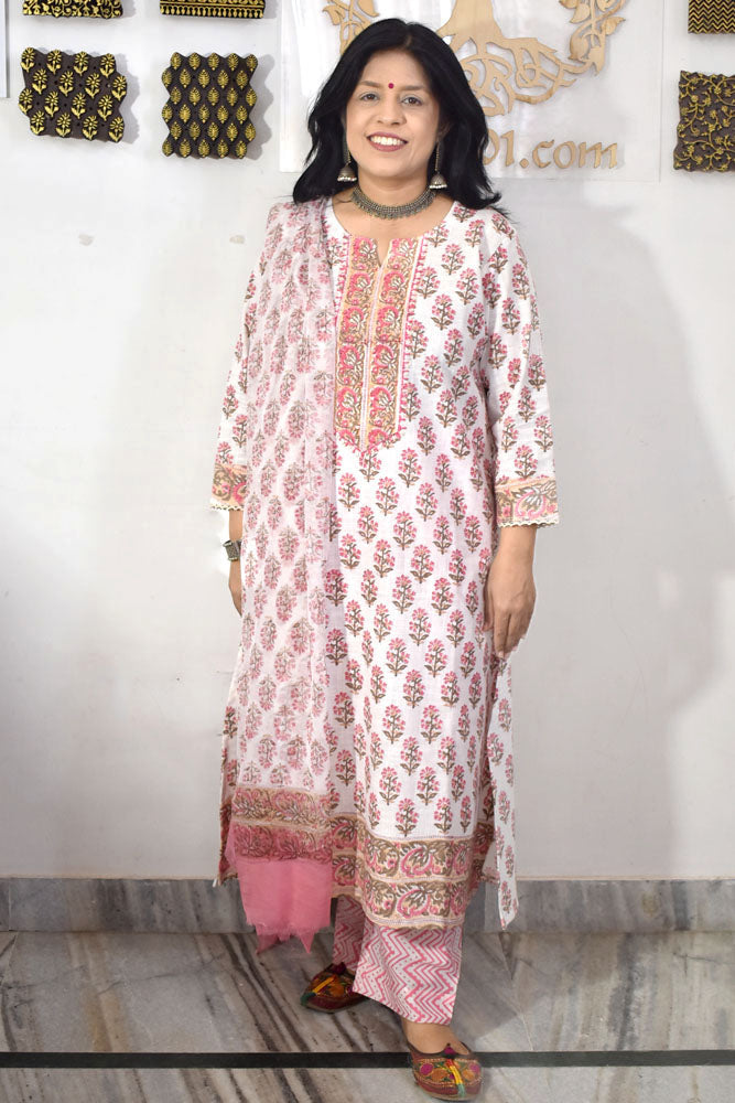 Hand Block Printed Cotton suit with Hand Embroidery - Kurta , Chiffon Dupatta & Pant