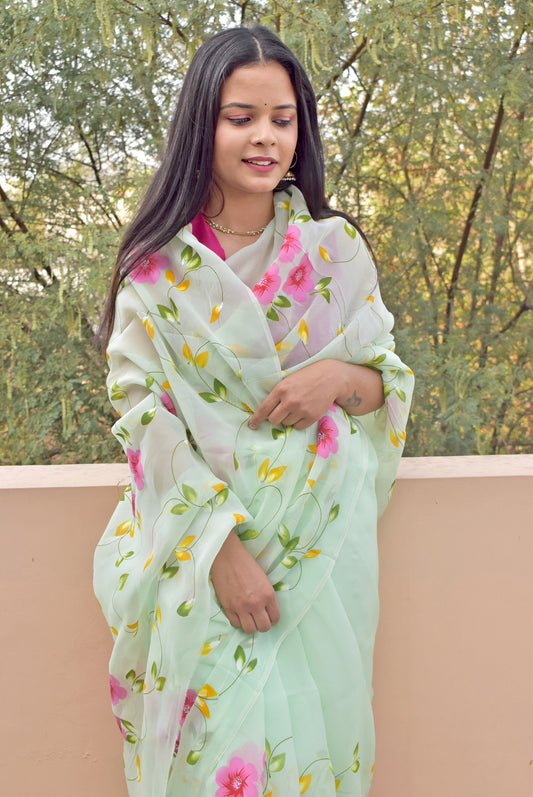 Prakriti : Beautiful Organza Saree with Hand Painted Floral Motifs