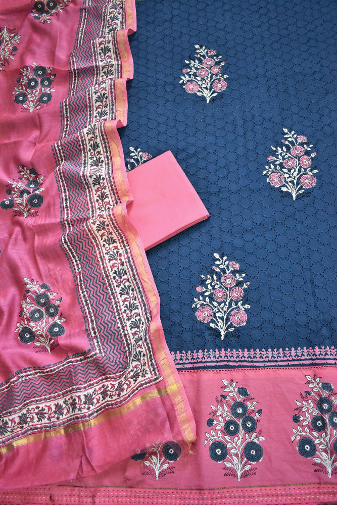 Elegant Hand Block print cotton suit with Schiffli work & Chanderi dupatta