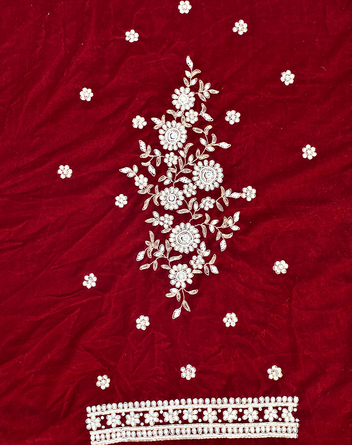 Red -Velvet Fabric with Heavy Hand Zardozi, Pearl, Dabka & Kundan Work  Embroidery