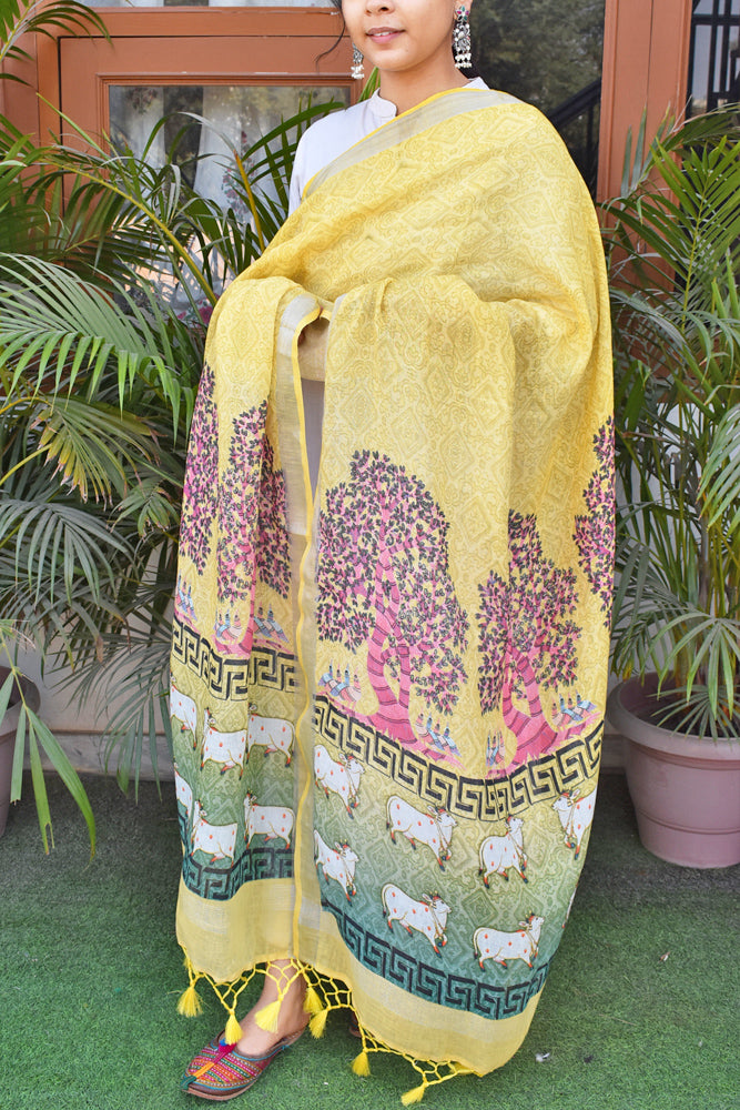 Elegant Linen dupatta with Pichwai Art inspired Digital print