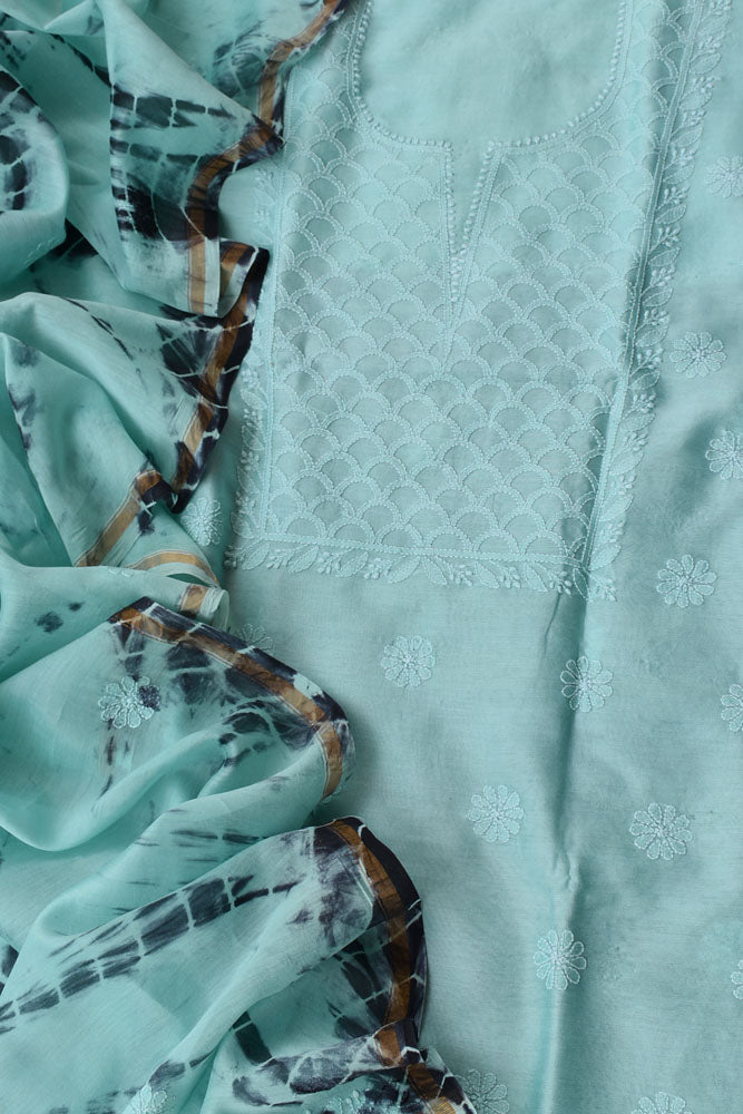 Elegant Chanderi  Kurta & Tie & Dye Dupatta Set with Hand Chikankari Embroidery