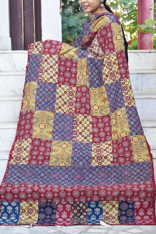 Barmer Ajrakh Patch Work Cotton Dupatta with Tassels