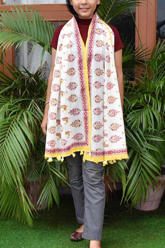 Elegant Hand block printed Cotton stole with cloth tassels