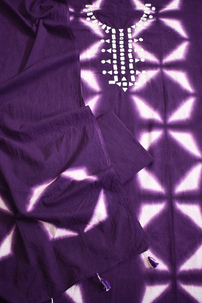 Tie & Dye Clamp Dyed cotton Unstitched Suit with Kutch Mirror work