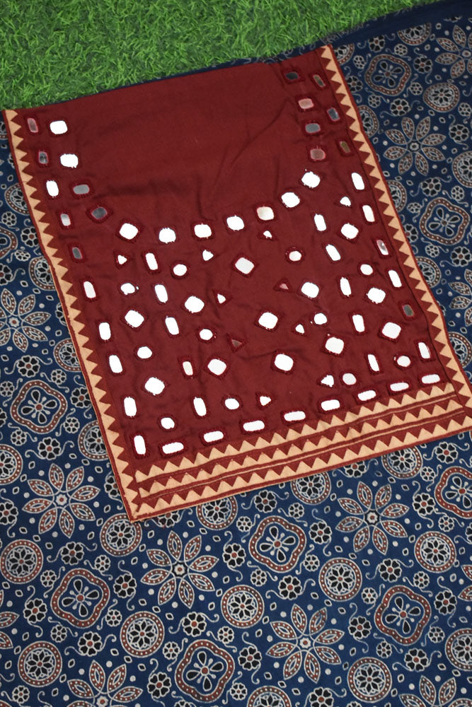 Designer Ajrakh Cotton Kurta Fabric with Kutch Mirror Work patch