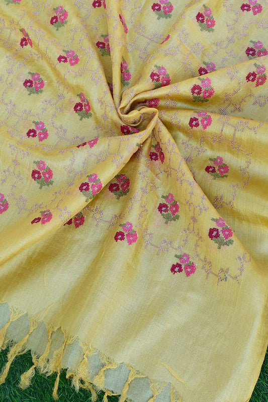 Elegant Pure Tussar Silk Dupatta with All over Intricate Embroidery