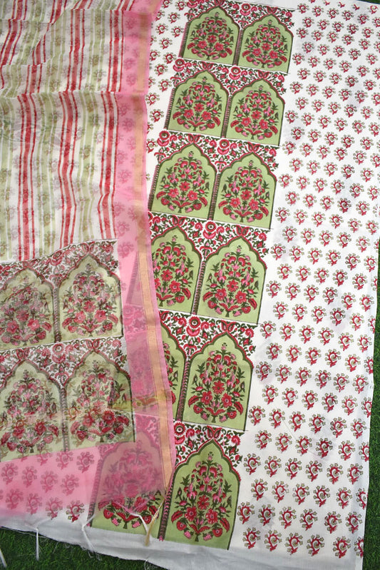 Designer Hand Block Placement Print Cotton suit with Kota dupatta and panel design