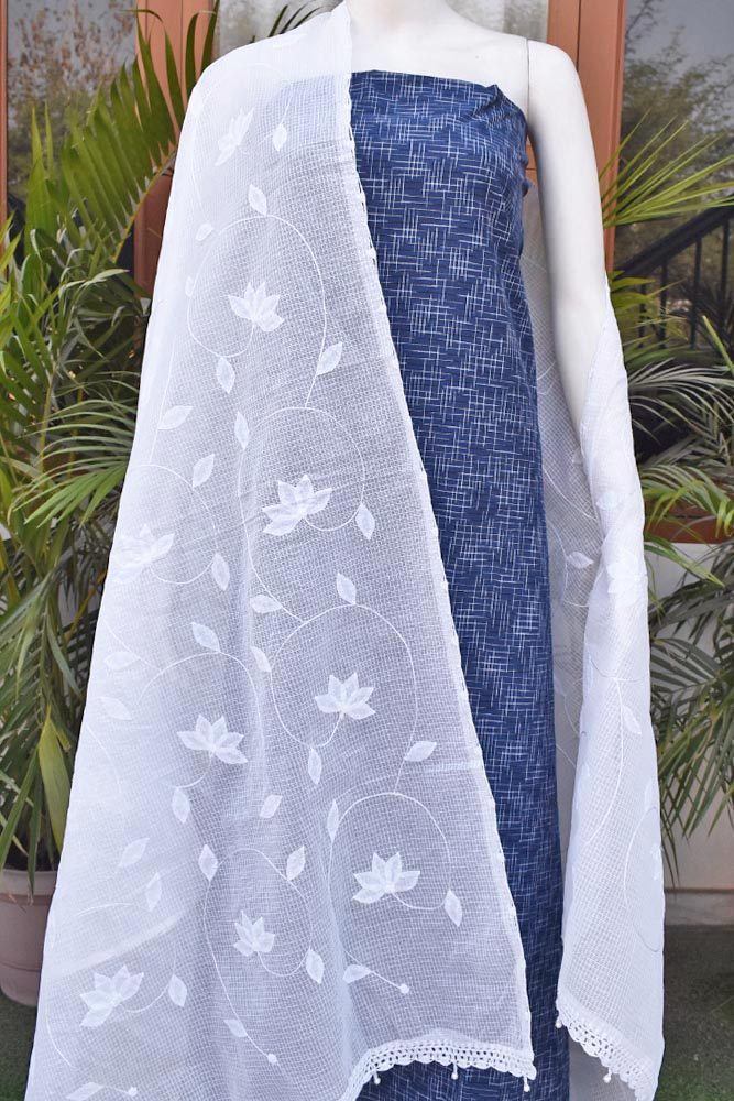 Elegant Handwoven Ikkat kurta fabric with Hand Phool Patti work dupatta - 2 pc set