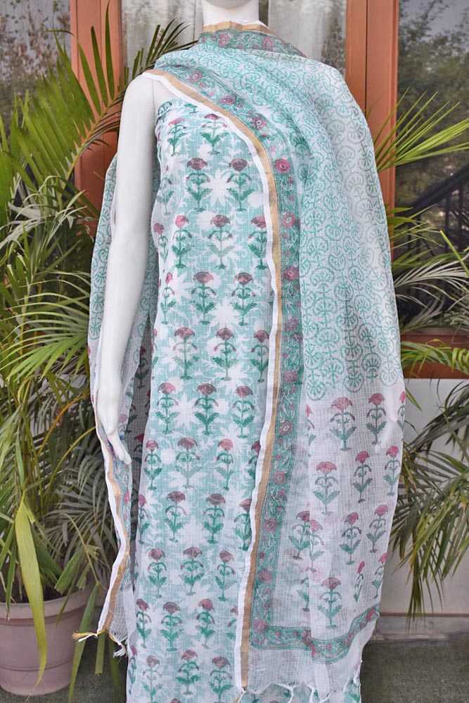Elegant Sanganer Hand Block Printed Kota cotton Unstitched suit with Cotton Lining & bottom - 4 pc set