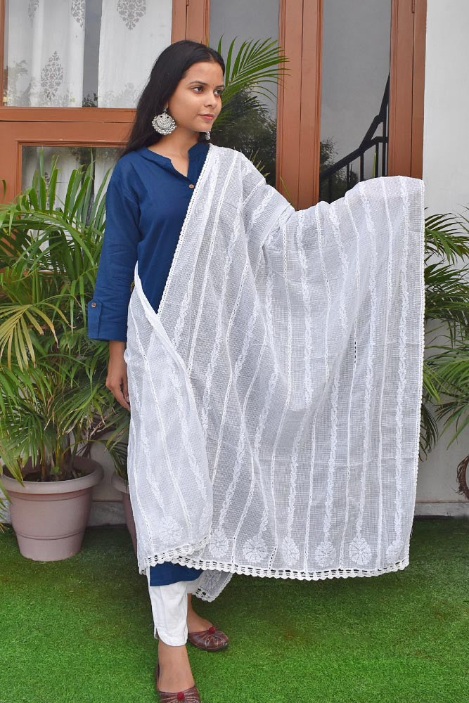 Handcrafted Kota Cotton Dupatta with heavy Chikankari embroidery & crochet borders - base white color - Dyeable