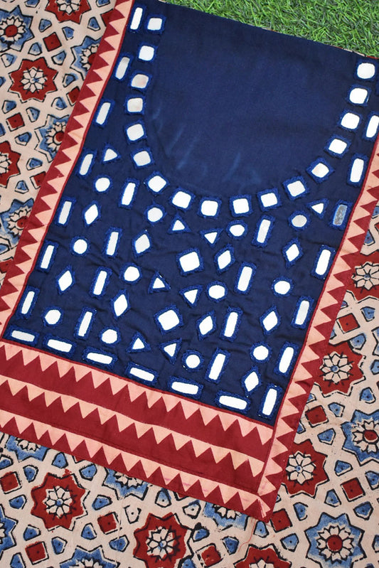 Designer Ajrakh Cotton Short Kurta Fabric with Kutch Mirror Work patch