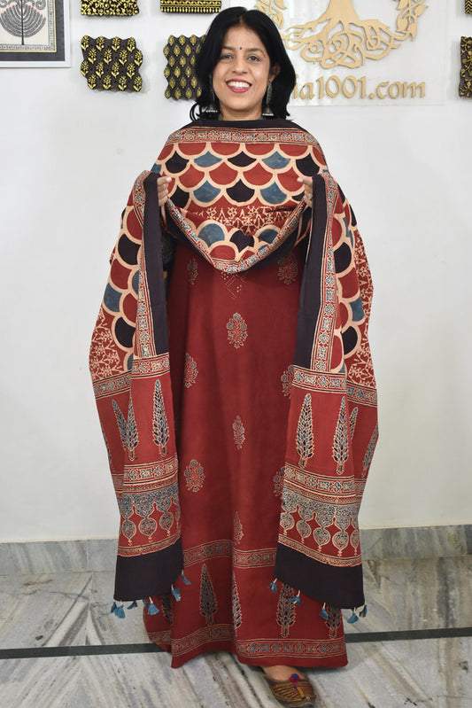 Block Print Ajrakh Cotton Suit with designer Ajrakh neck yoke /panel & Dupatta