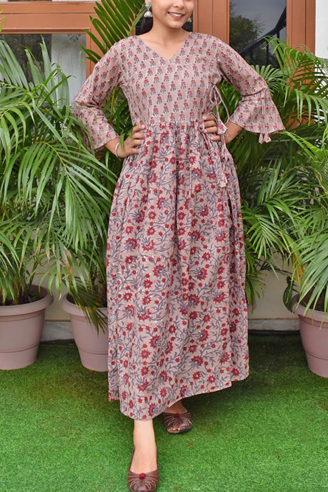 Beautiful Long Cotton Dress/ Kurti with side tie up strings Size -  36, 38, 40, 42