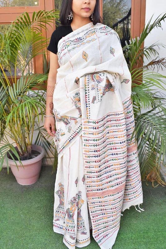 Elegant Handwoven Khesh Cotton Saree with Hand Kantha work