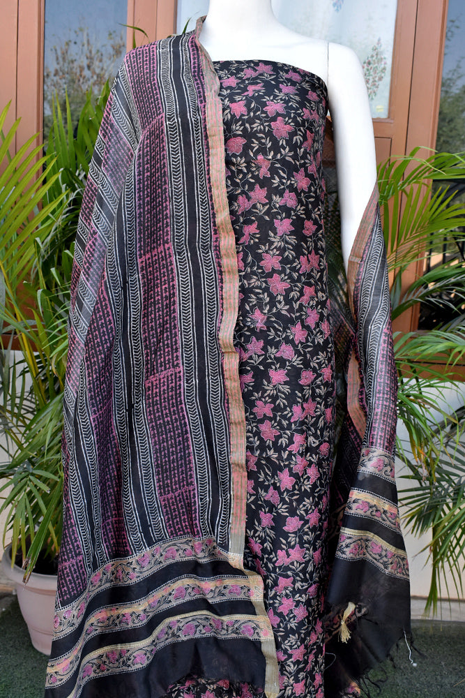 Beautiful Hand Block Printed Chanderi unstitched suit fabric with Geecha border